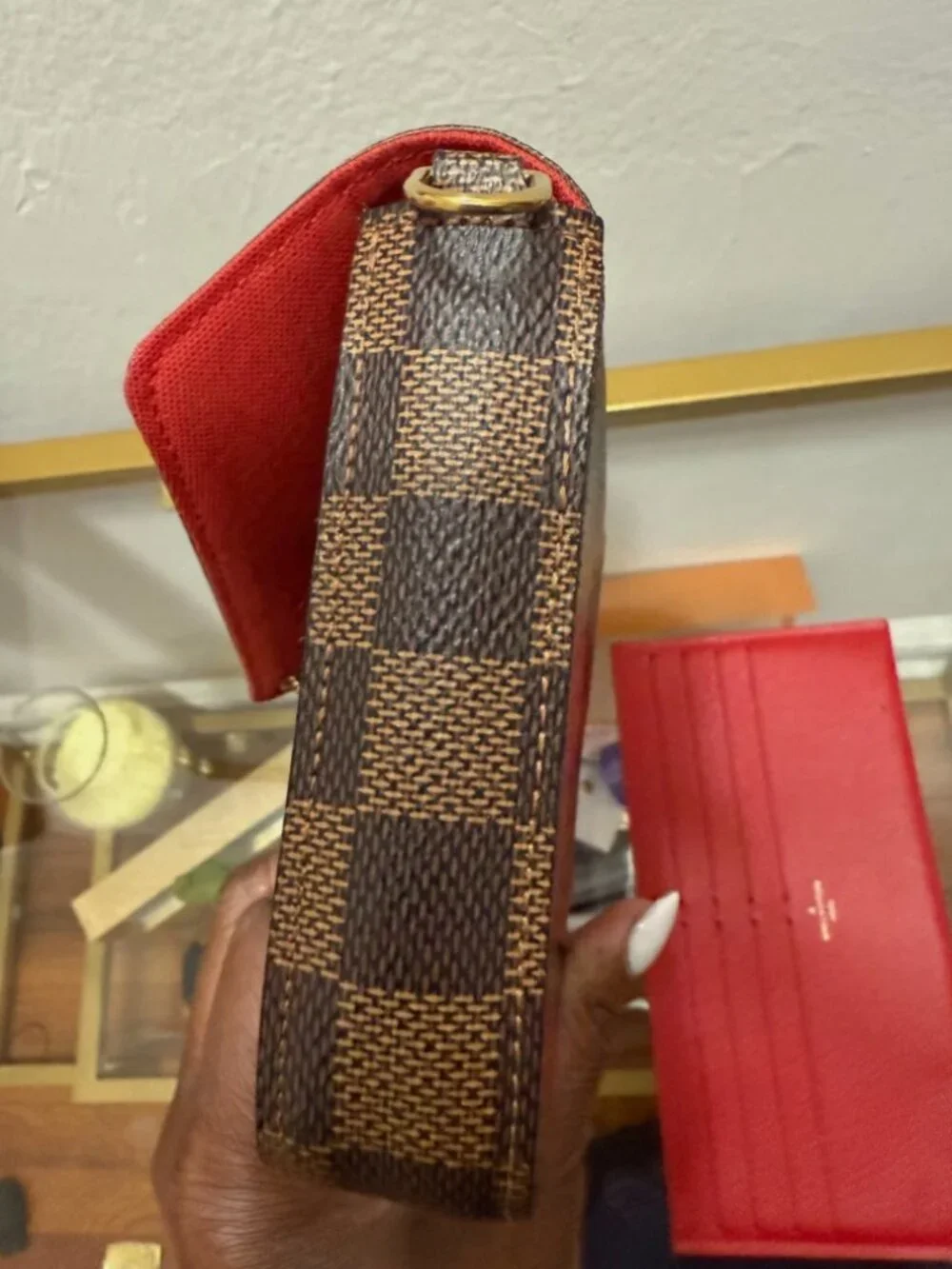 Louis Vuitton Damier Ebene Felicie with Red Wallet Insert Gold Chain Strap
